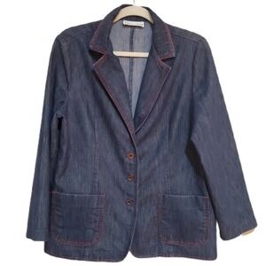Vintage Denim 3 Button Blazer Indigo & Red Trim No Size Tag See Measurements